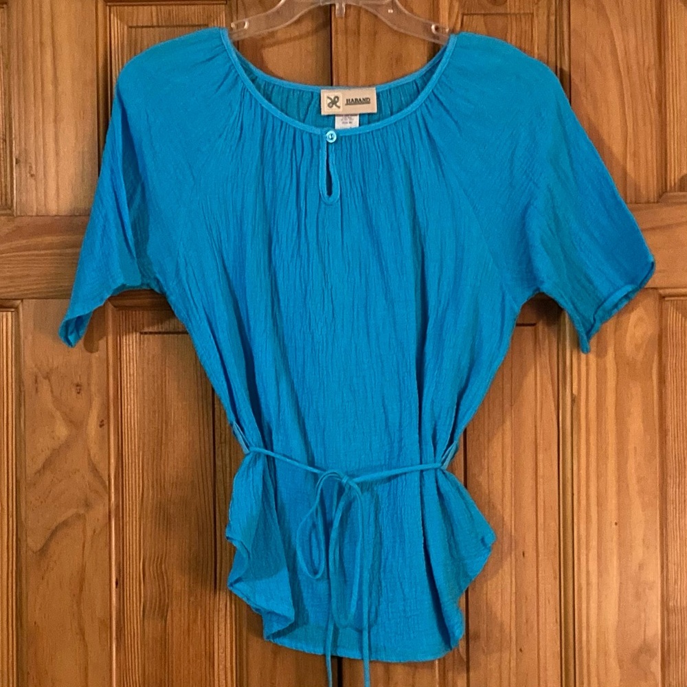 NWOT Haband Vintage 80s 90s Top Tie Waist Crinkle Short Sleeve Blouse Blue M